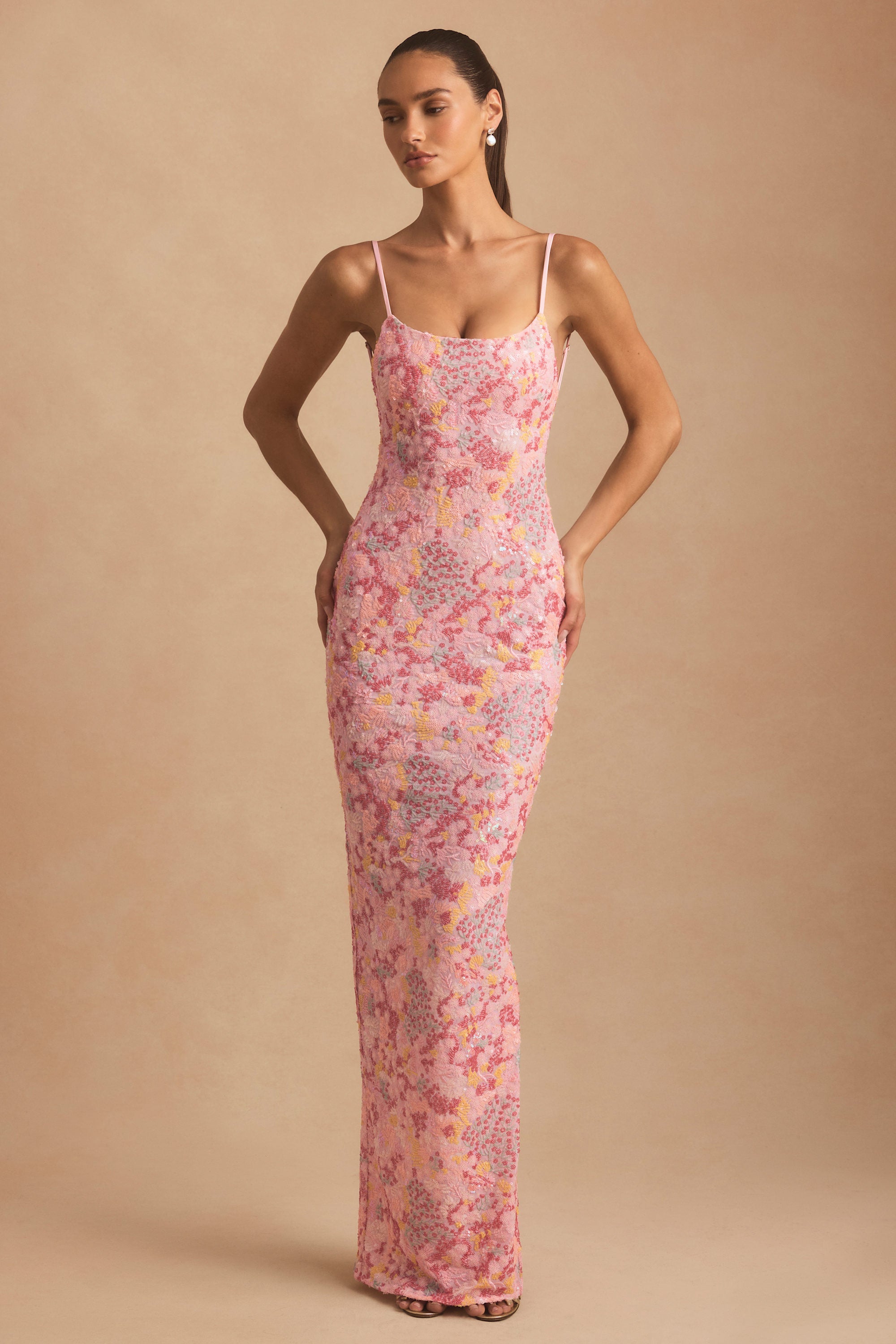 Embellished Scoop-Neck Backless Maxi Dress in Pink