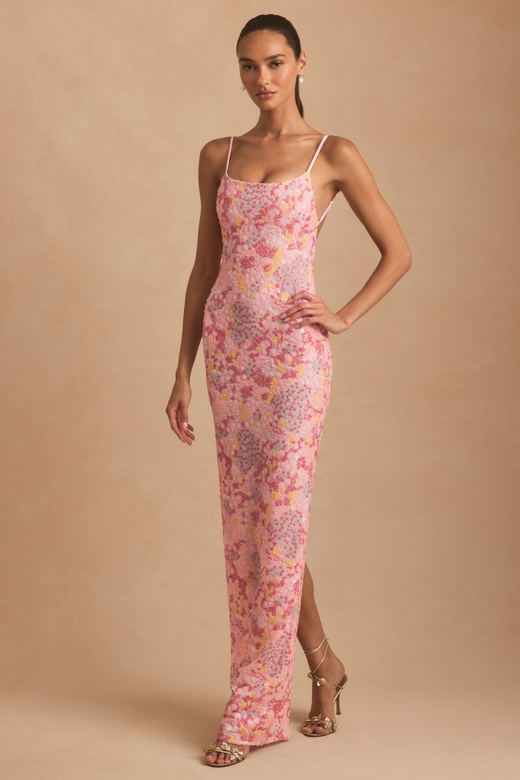 Embellished Scoop-Neck Backless Maxi Dress in Pink