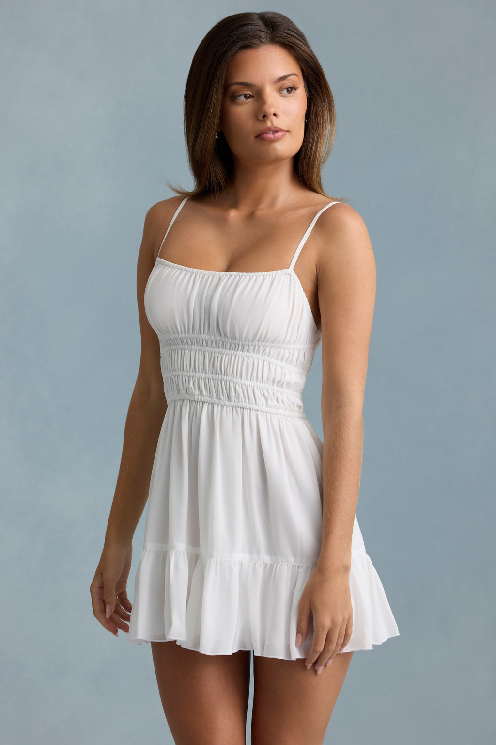 Shirred Camisole Mini Dress in White