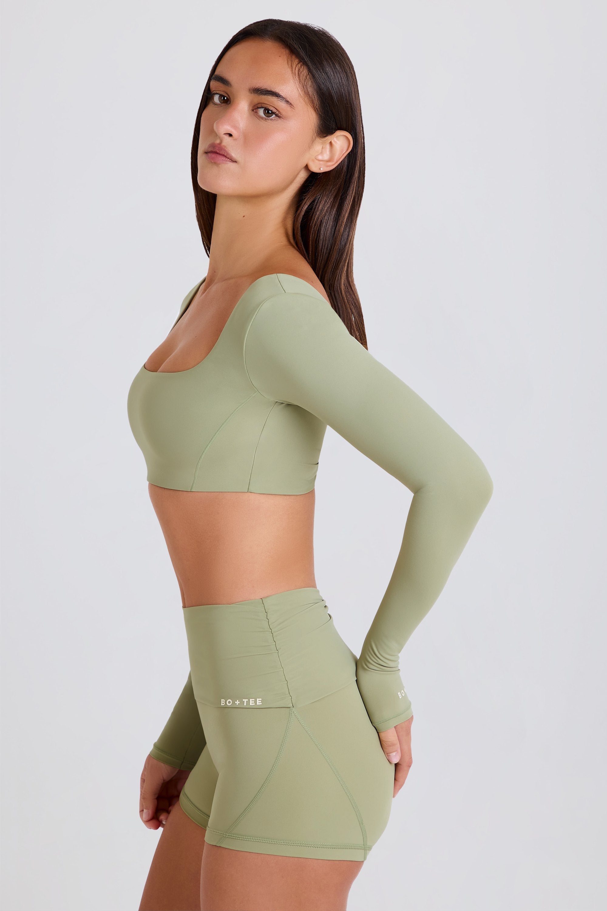 Four-Way Stretch Multiway Long-Sleeve Crop Top in Matcha
