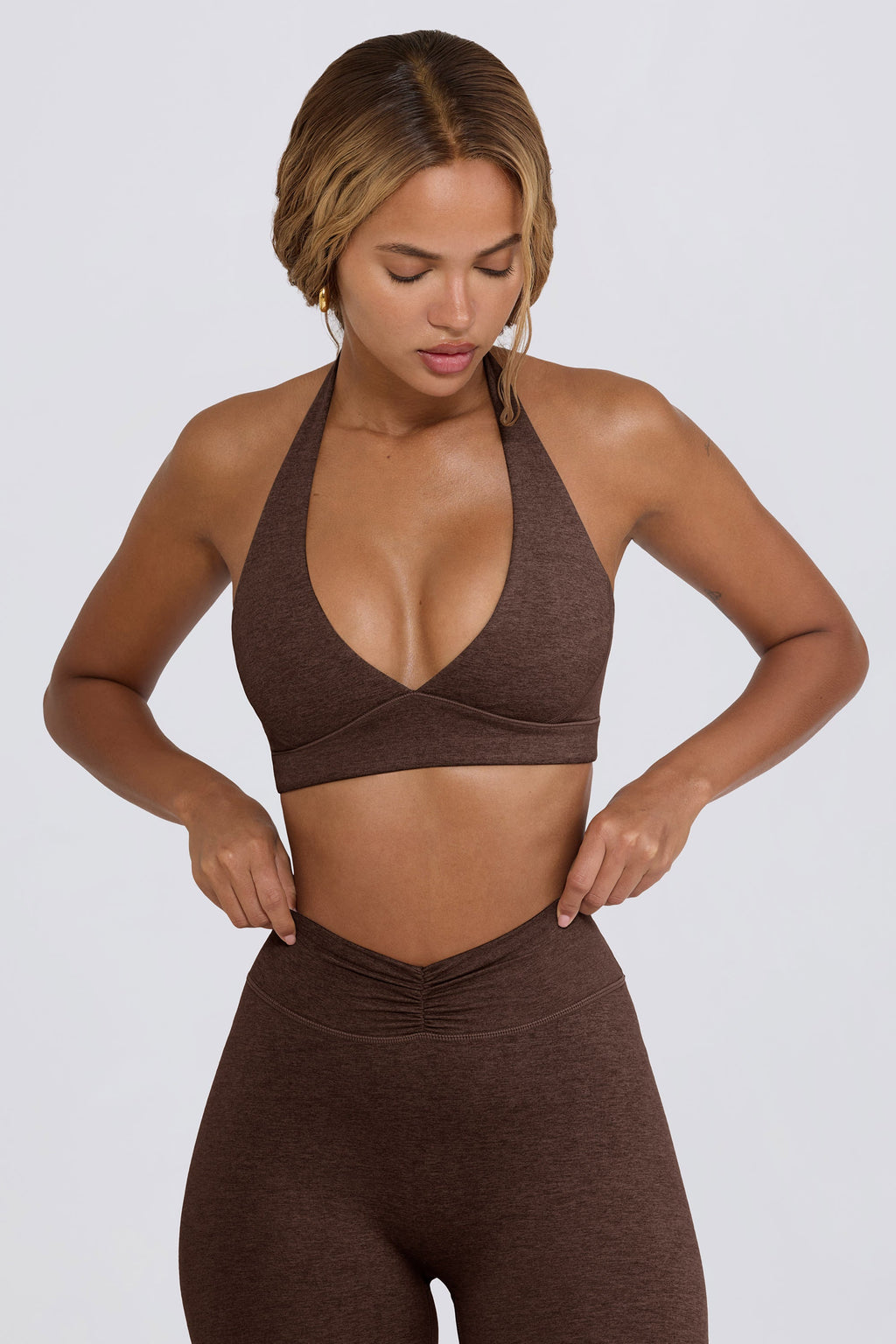 V-Neck Sports Bra in Pecan Marl