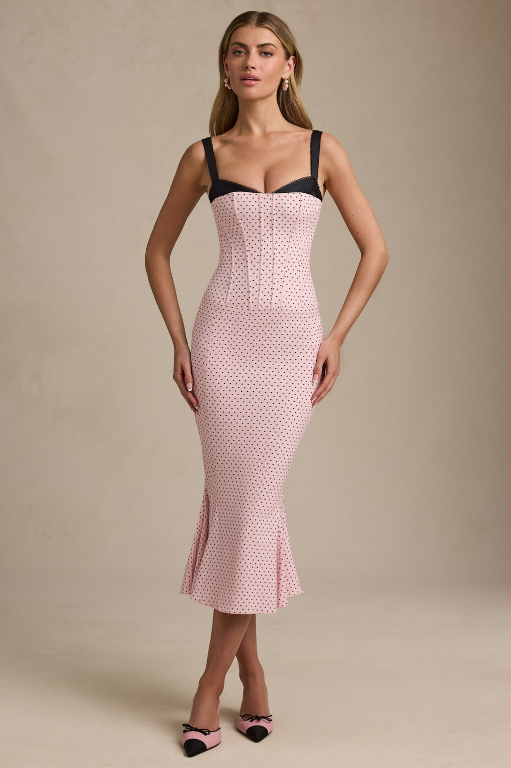 Layered Bra-Detail Fishtail Midaxi Dress in Pink Polka Dot