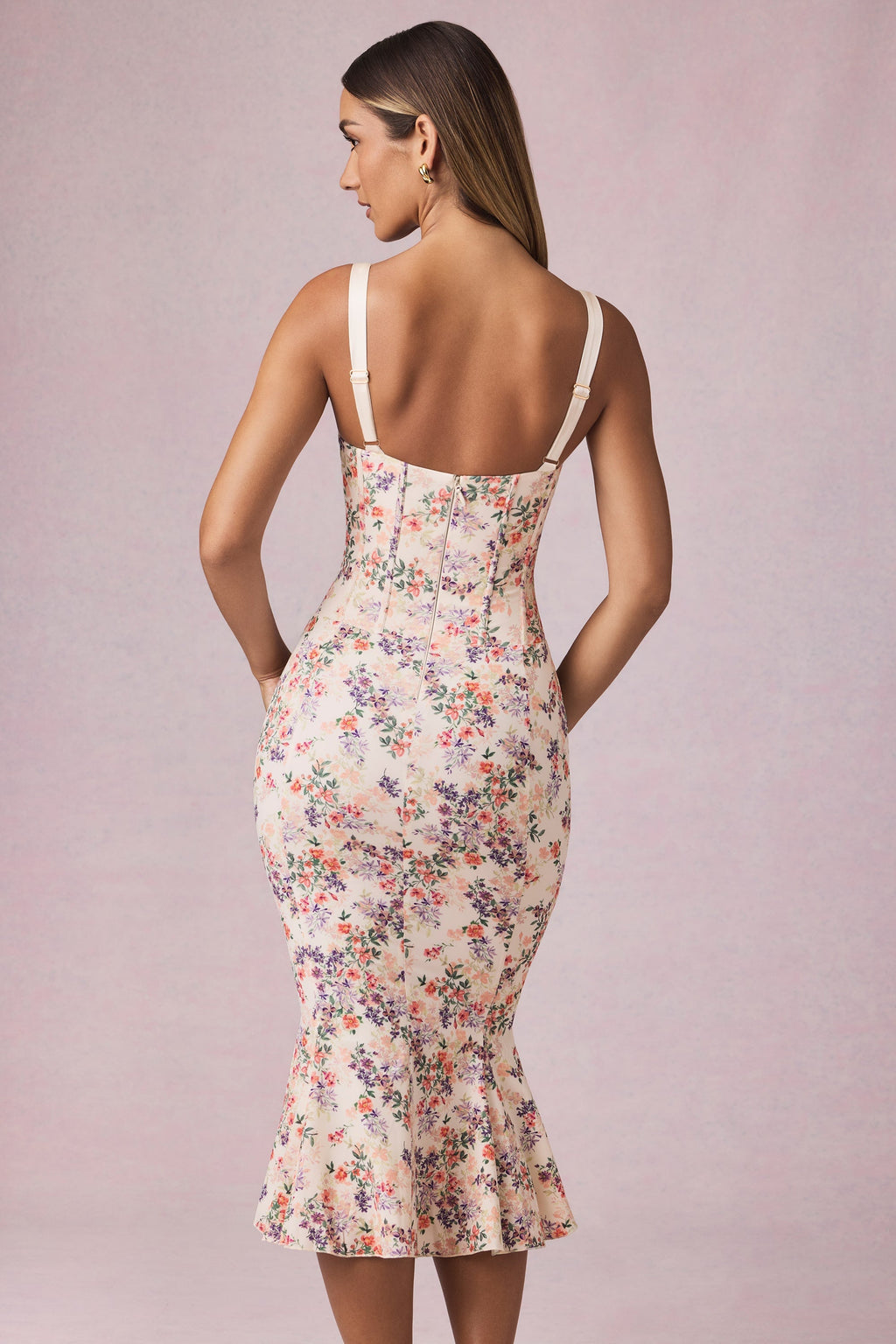 Layered Bra-Detail Fishtail Midaxi Dress in Primrose Floral Print