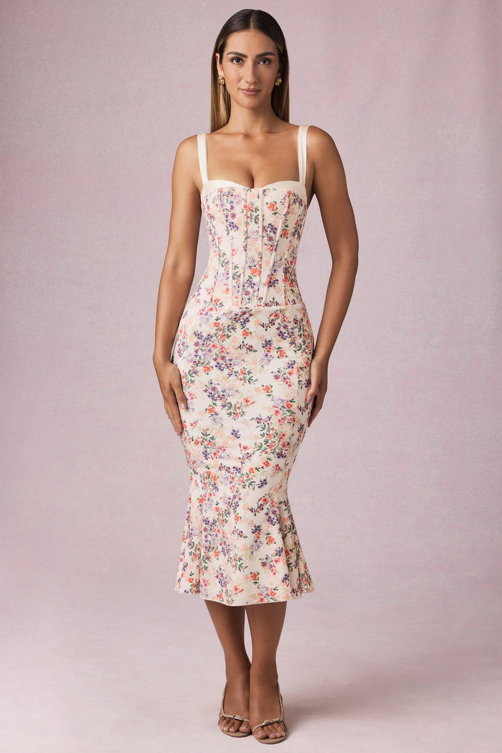 Layered Bra-Detail Fishtail Midaxi Dress in Primrose Floral Print