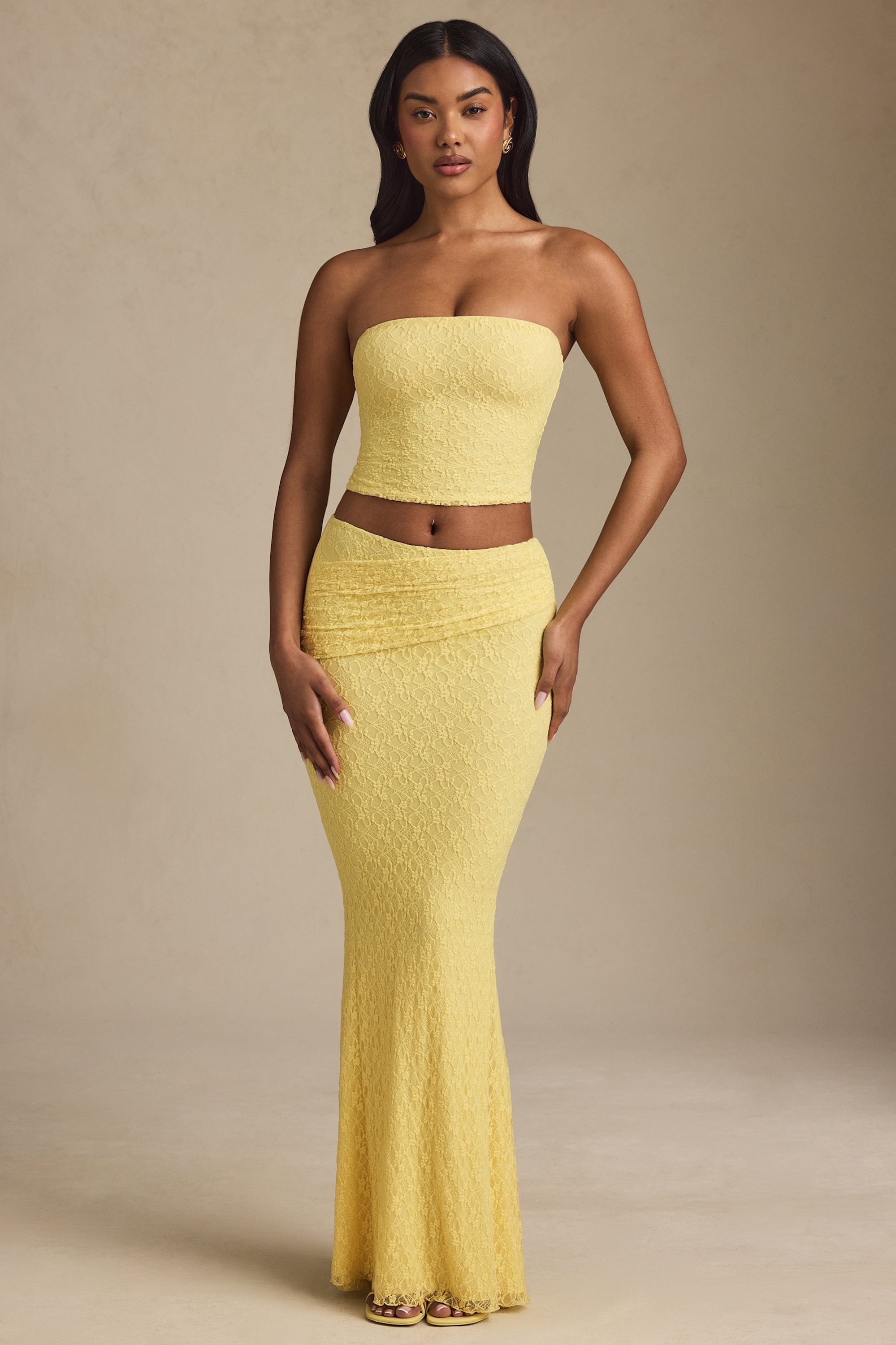 Draped Low-Rise Lace Maxi Skirt in Pastel Yellow