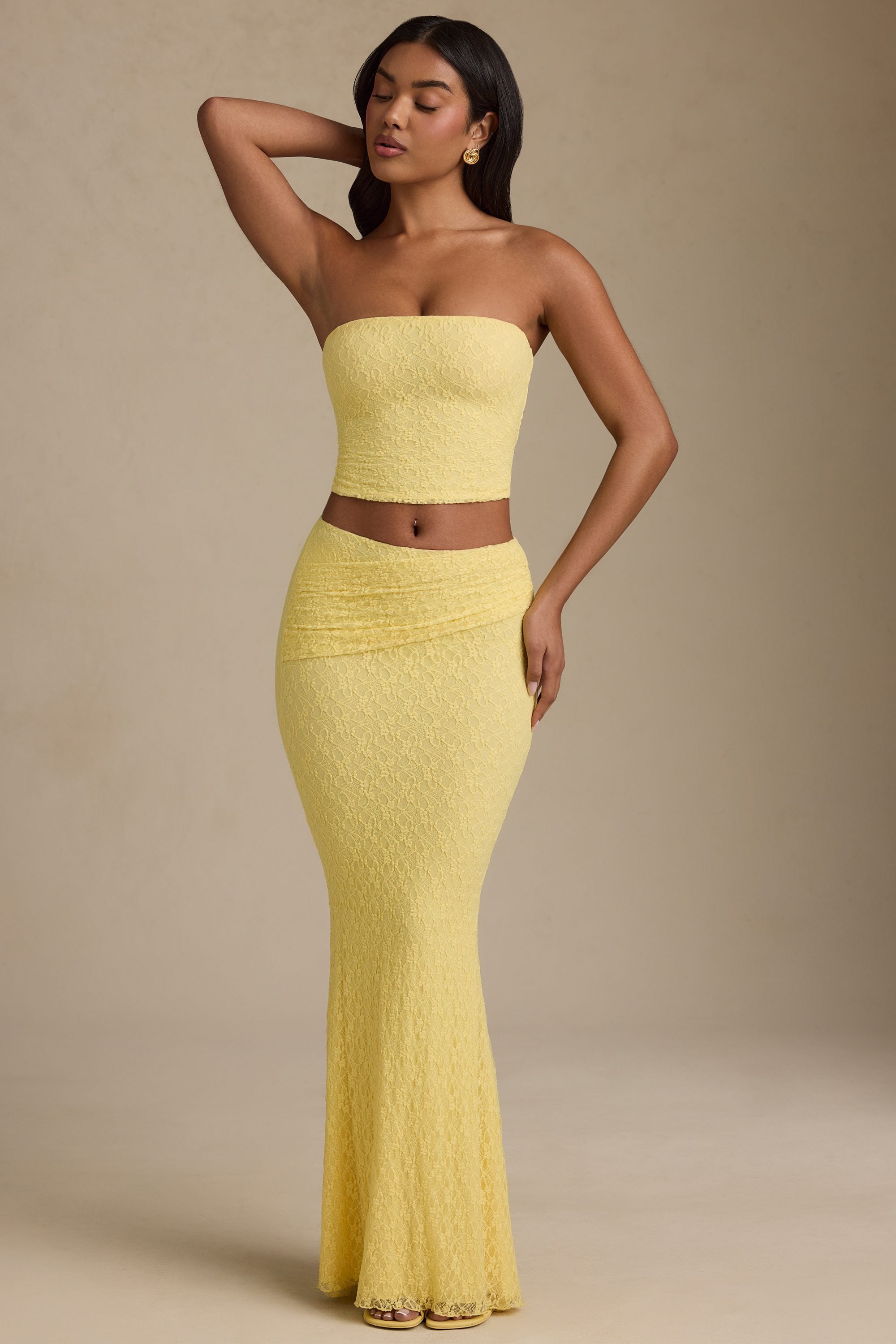 Draped Low-Rise Lace Maxi Skirt in Pastel Yellow