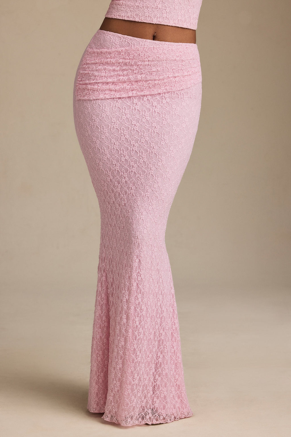 Draped Low-Rise Lace Maxi Skirt in Soft Pink