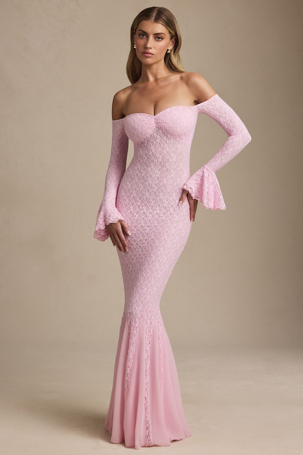 Off-Shoulder Ruffle Lace Maxi Dress in Soft Pink