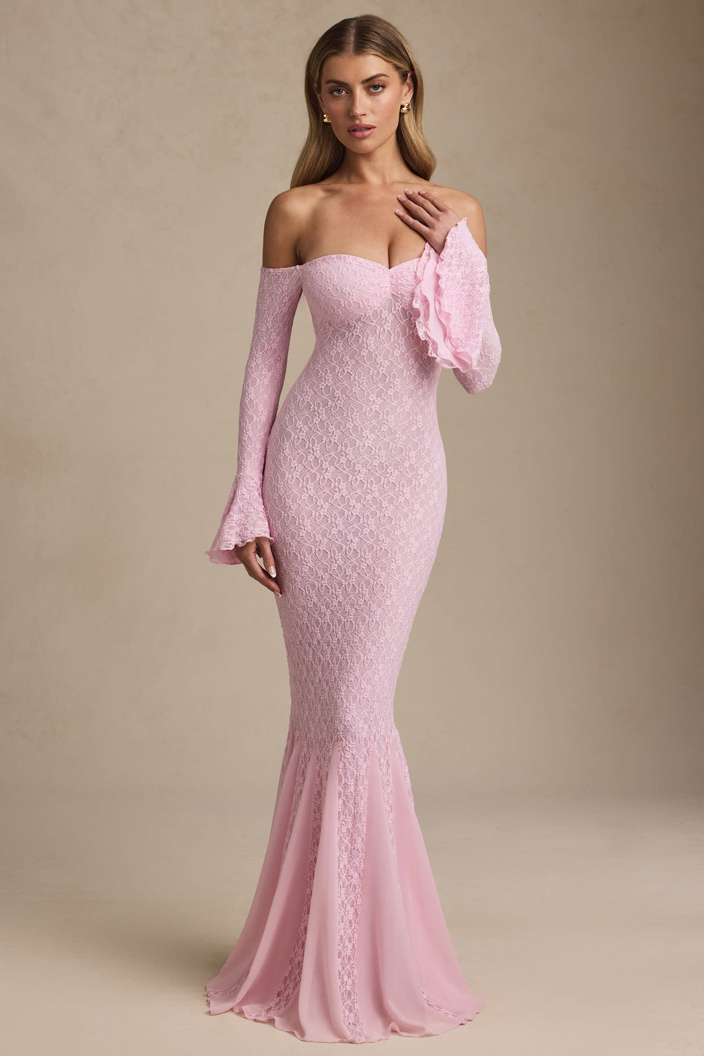 Off-Shoulder Ruffle Lace Maxi Dress in Soft Pink