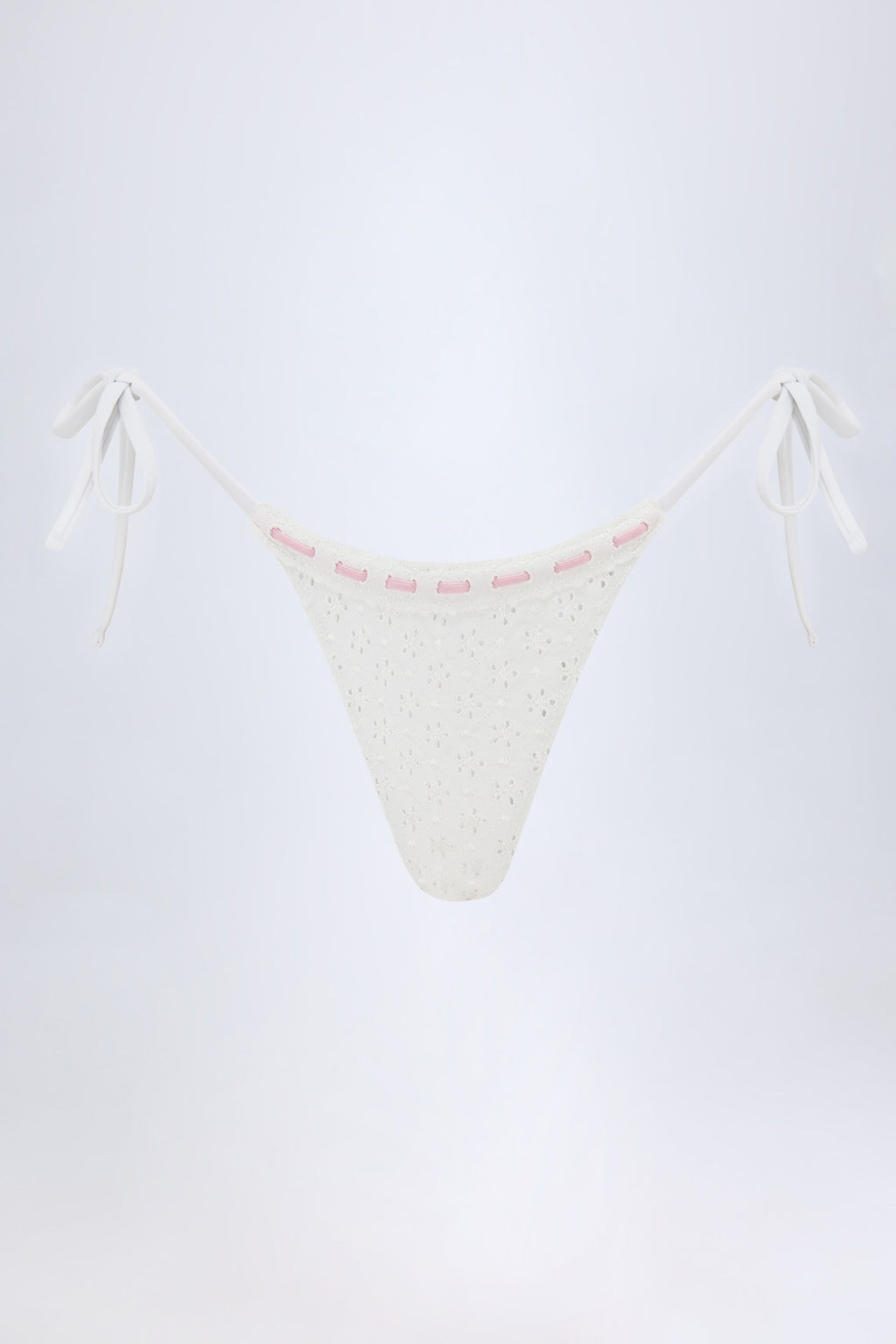 Broderie Anglaise Side-Tie Thong Bikini Bottoms in White