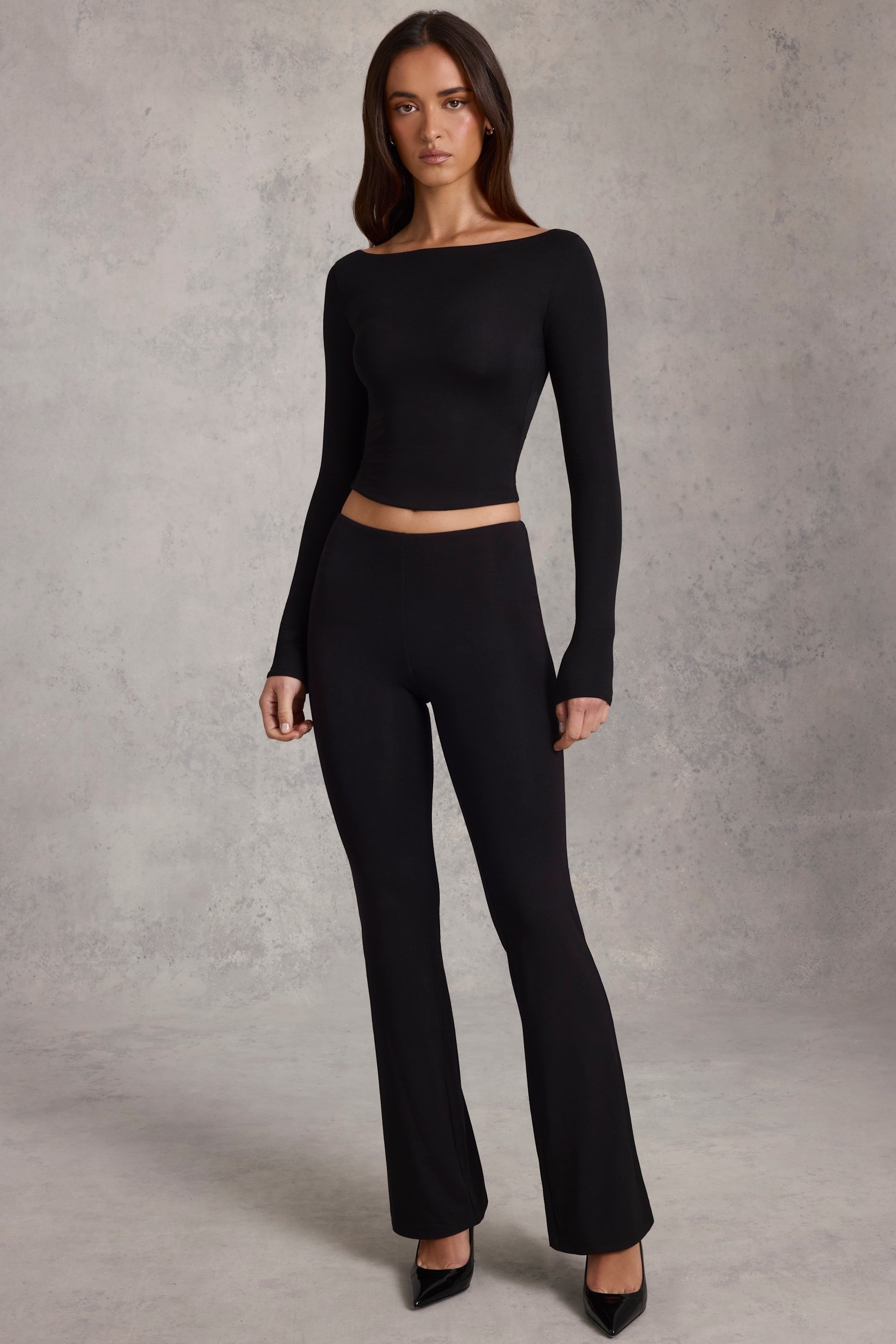 Modal Ruched Flared Trousers in Black