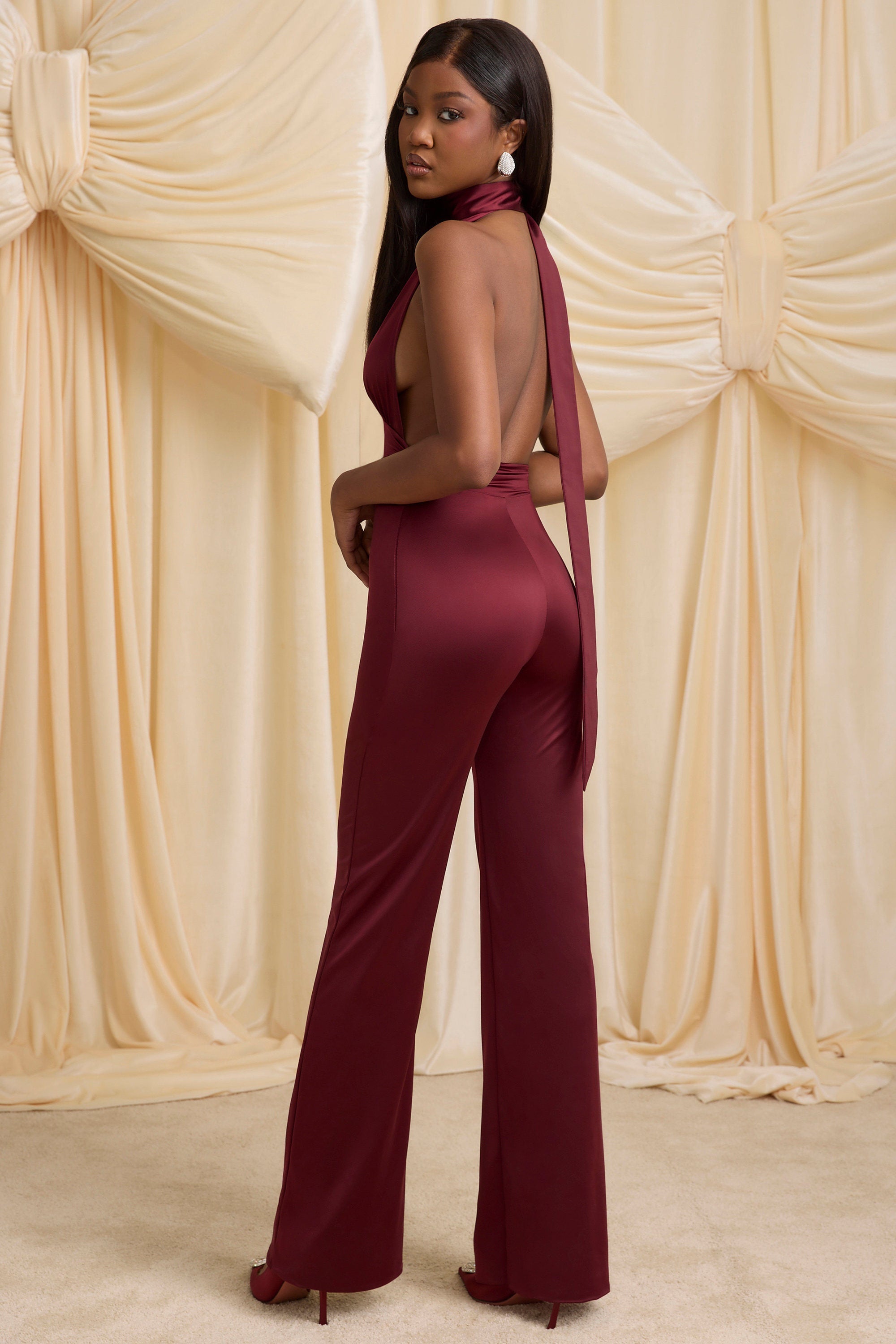 Scarf-Detail Halterneck Jumpsuit in Wine Red
