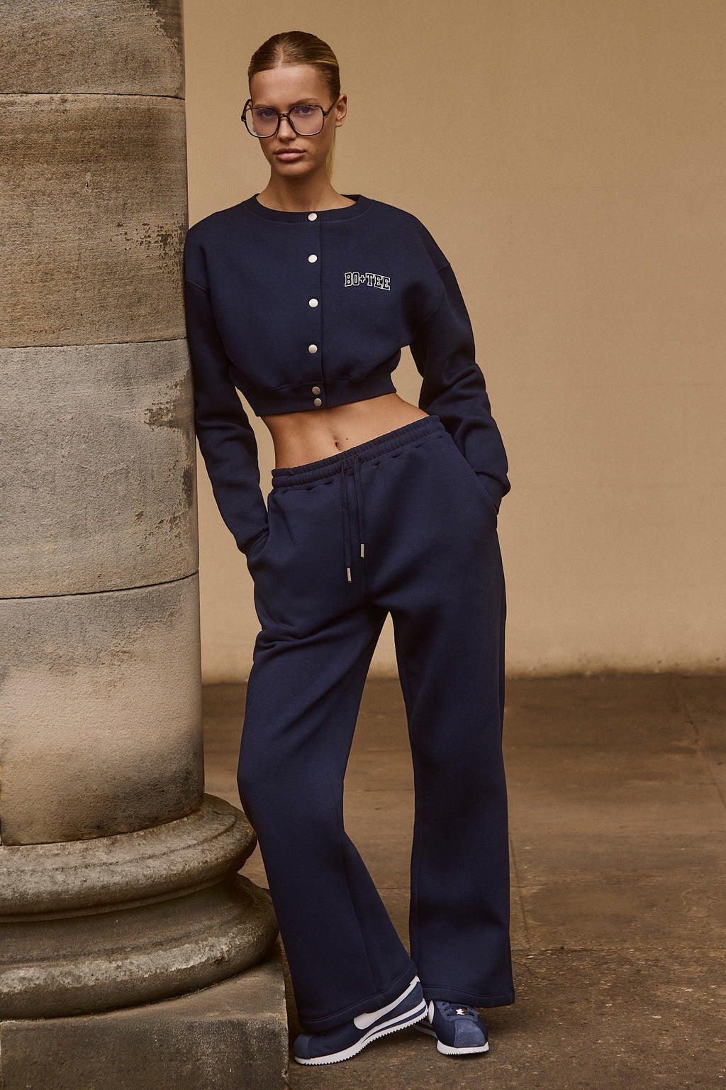 Premium Brushed Jersey Wide-Leg Joggers in Classic Navy