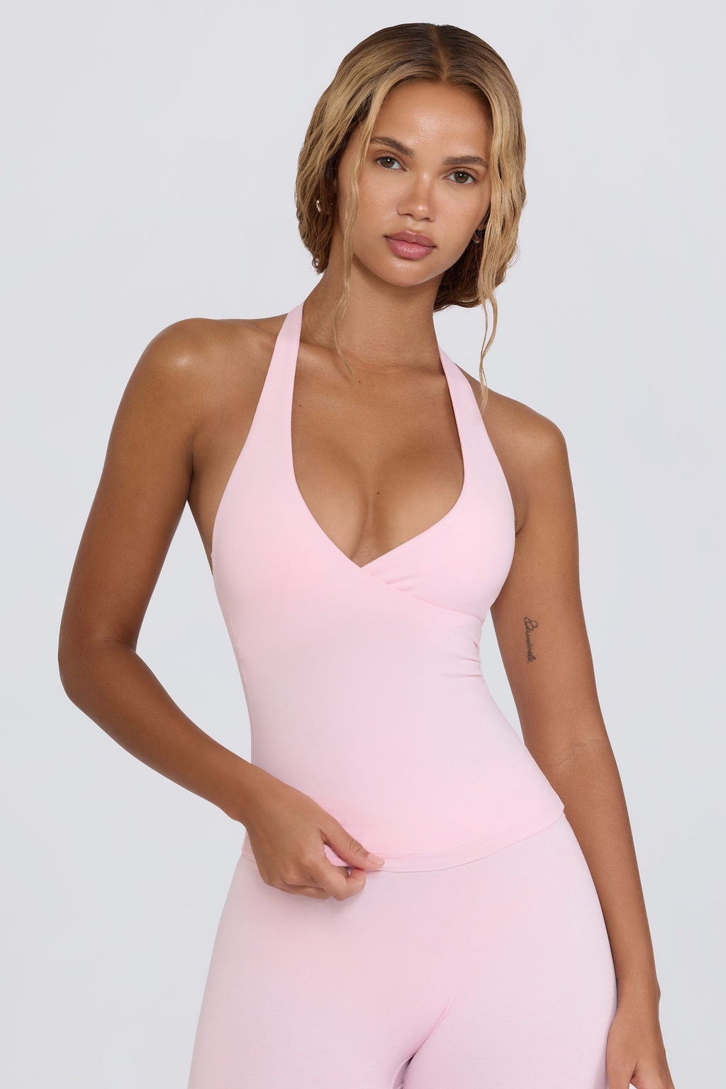 Wrap Halterneck Tank Top in Pale Pink Marl