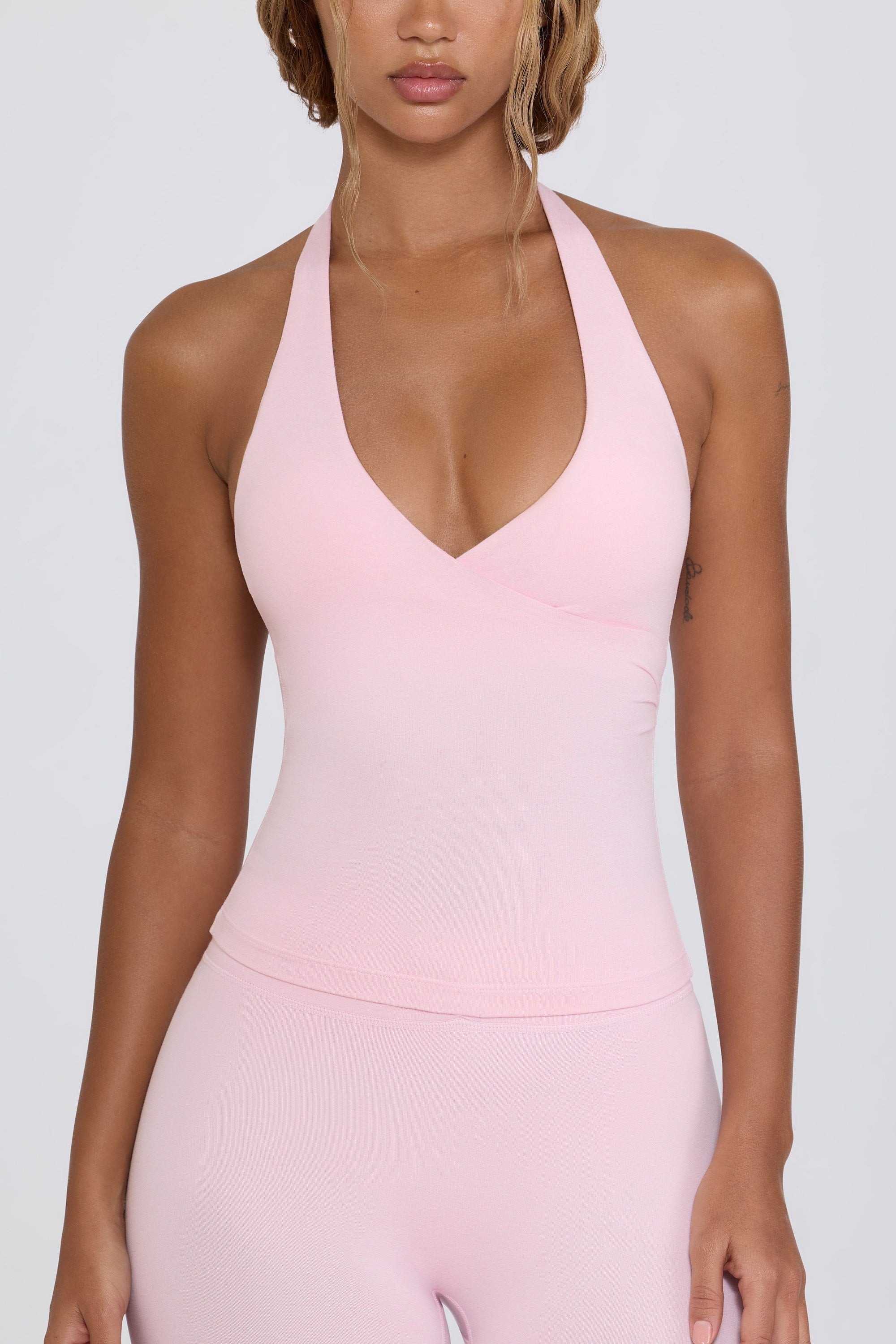 Wrap Halterneck Tank Top in Pale Pink Marl