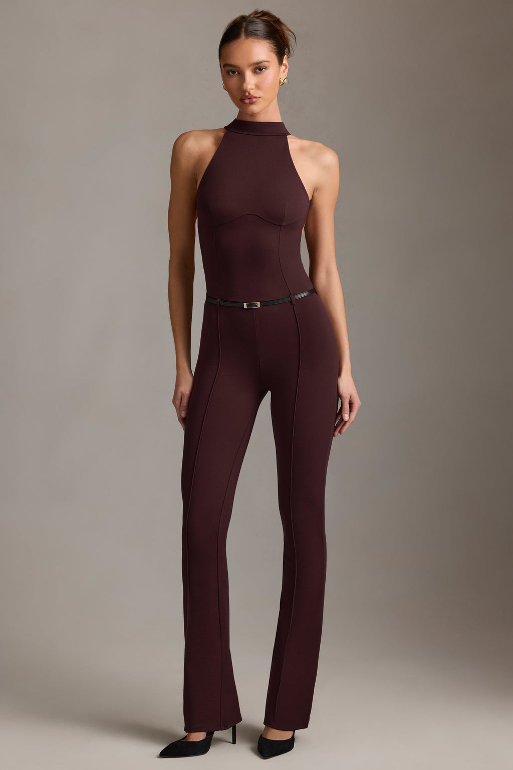 Backless Turtleneck Jumpsuit in Chocolate Brown