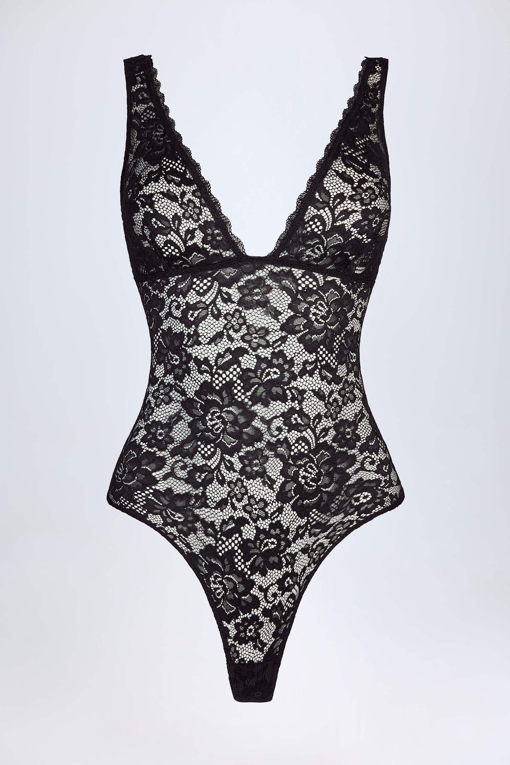 Plunge-Neck Lace Bodysuit in Black