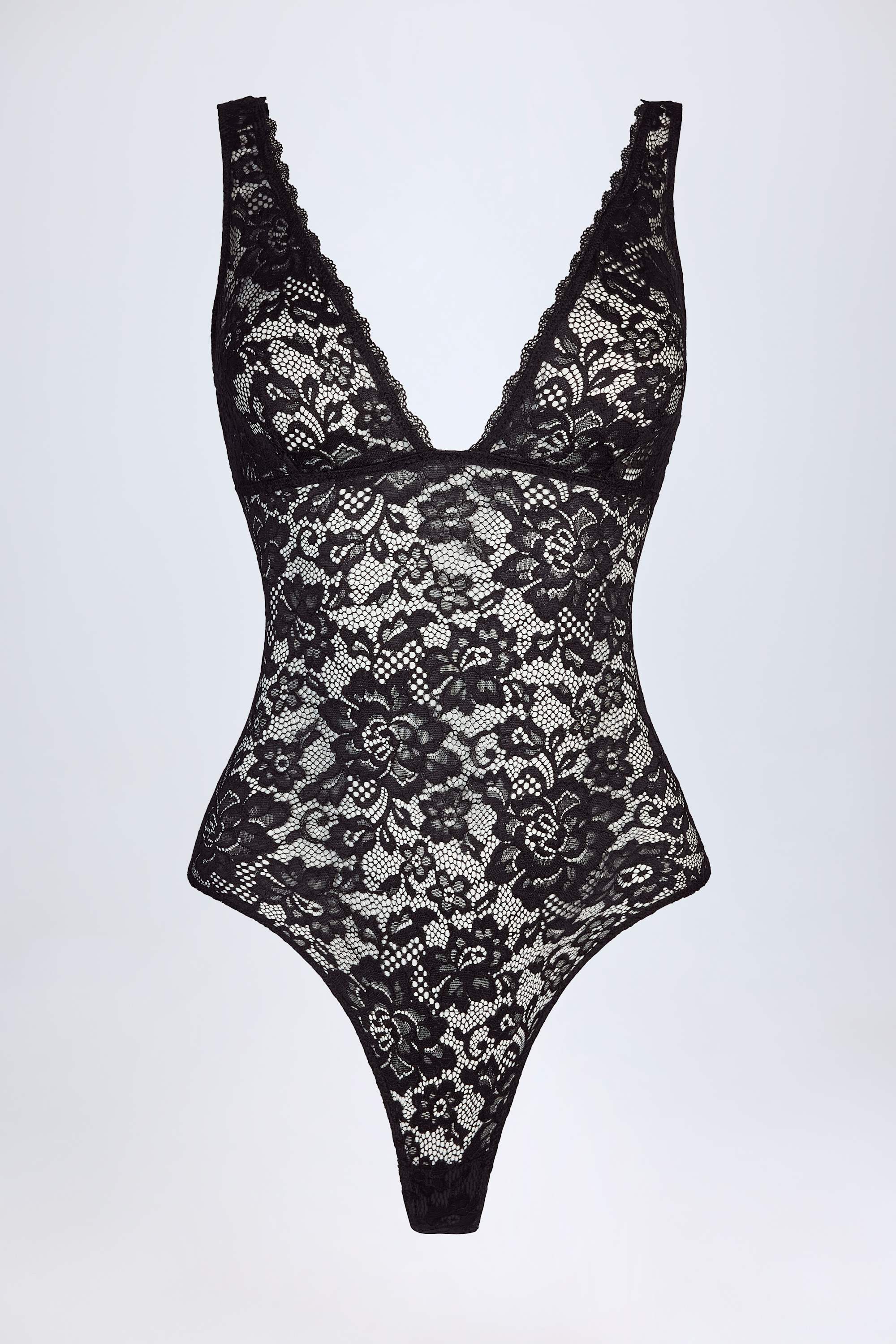 Plunge-Neck Lace Bodysuit in Black