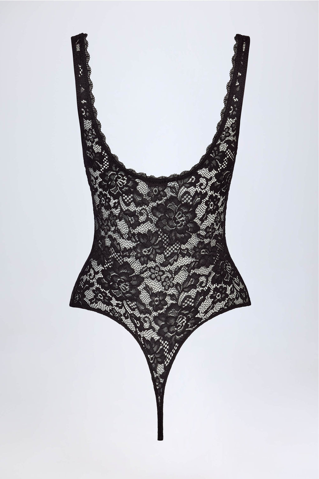 Plunge-Neck Lace Bodysuit in Black
