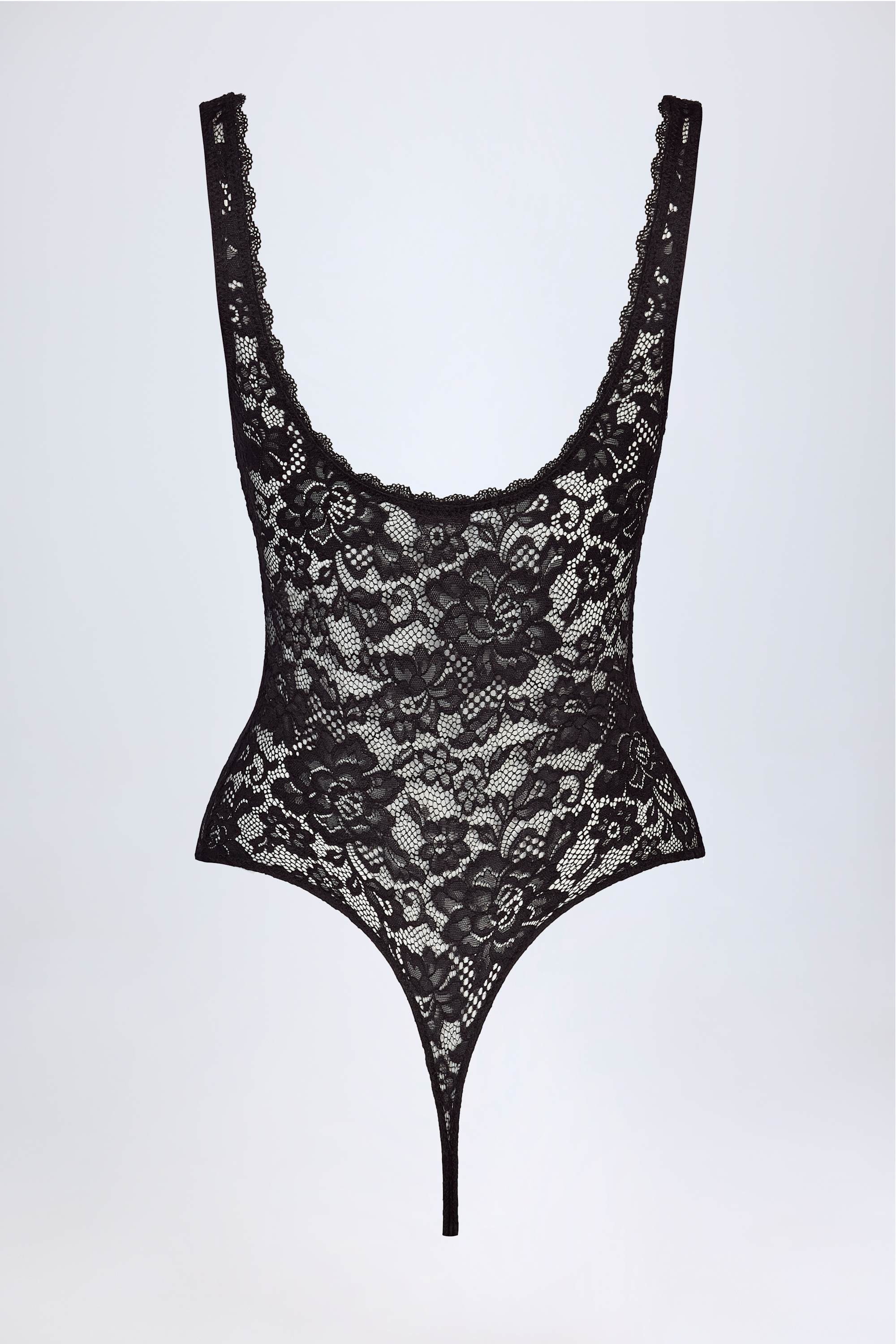Plunge-Neck Lace Bodysuit in Black