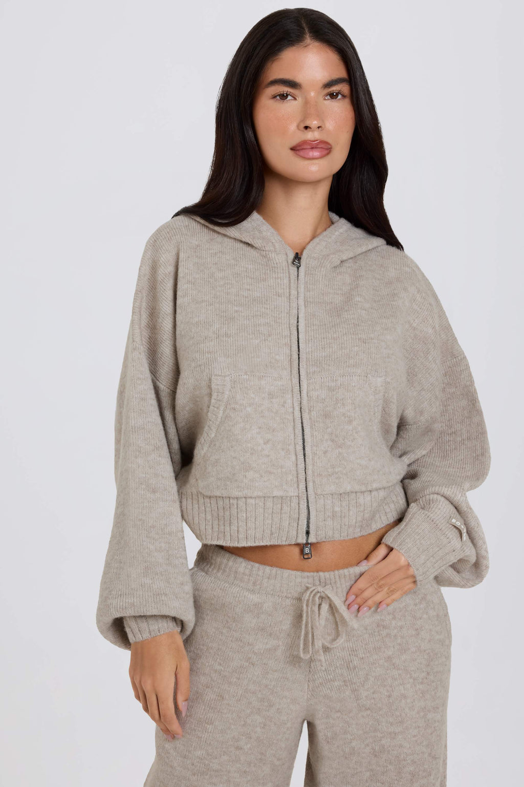 Soft Knit Zip-Up Cropped Hoodie in Beige