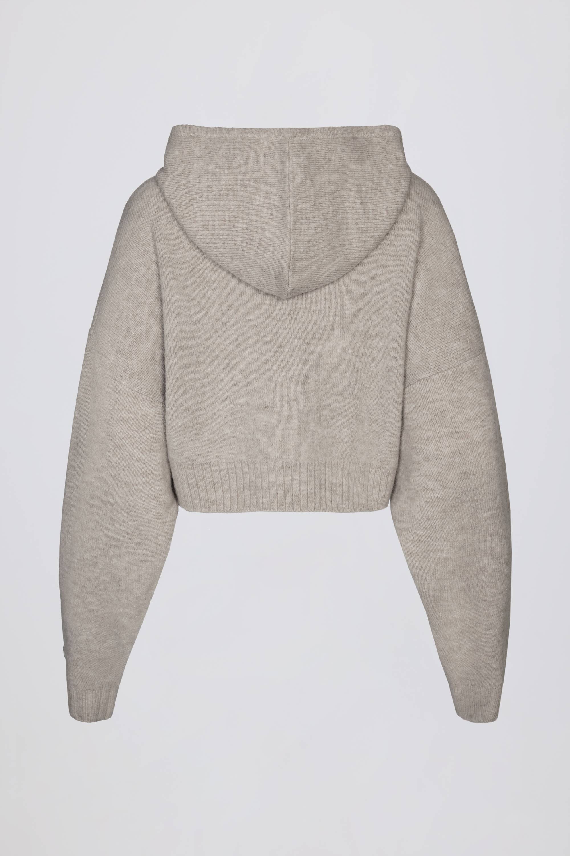 Soft Knit Zip-Up Cropped Hoodie in Beige