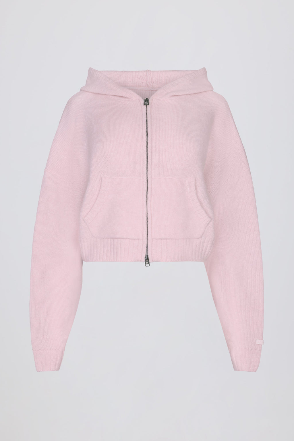 Soft Knit Zip-Up Cropped Hoodie in Soft Pink